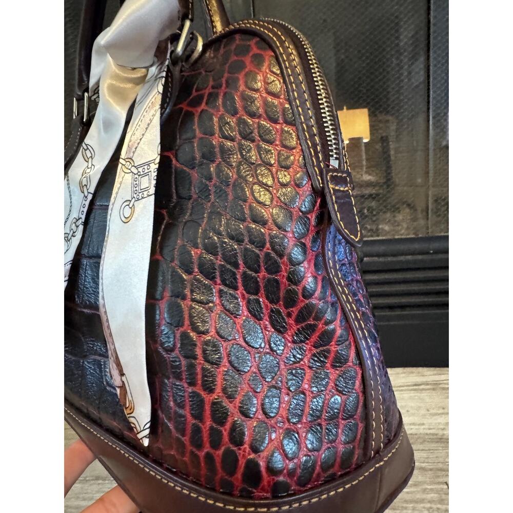 Extra Large Dooney Bourke Chestnut Croc Embossed Leather Satchel – Red Trim Bag - Picture 4 of 16